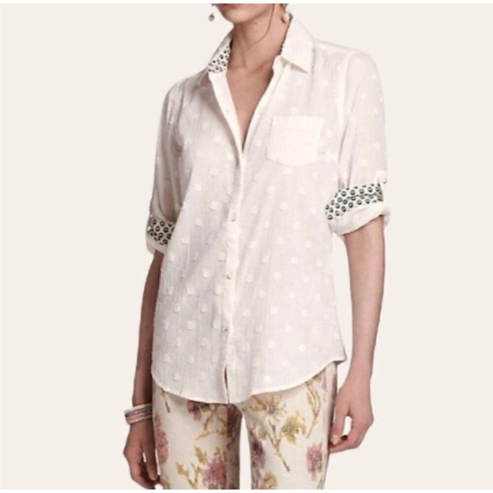 Anthropologie Trovata Birds of Paradise Embroidered Dot Button Down Shirt Size S